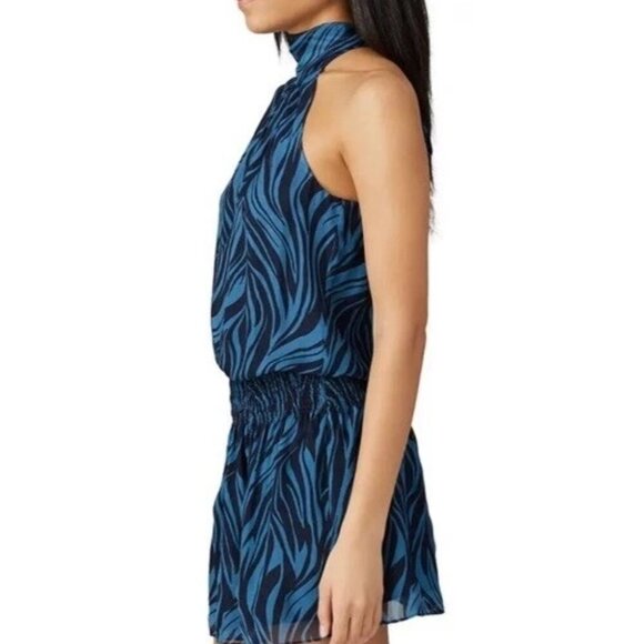 NWT Ramy Brook Zebra Print Silk Halter Mini Dress Blue L Resort Party - Picture 4 of 10